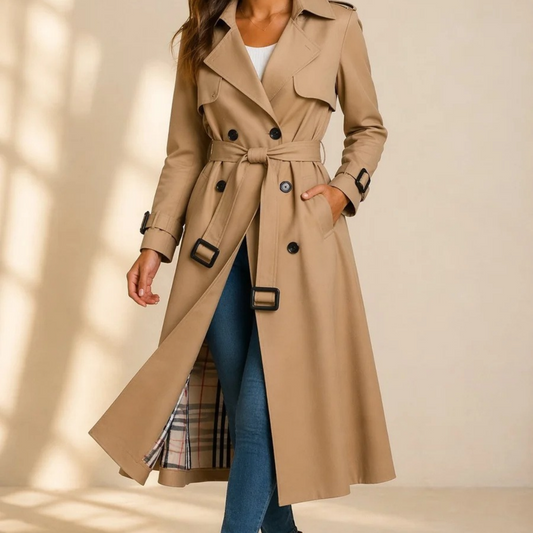 Women's Double-Breasted Long Trench Coat with Belt and Check Lining – Limo Atelier