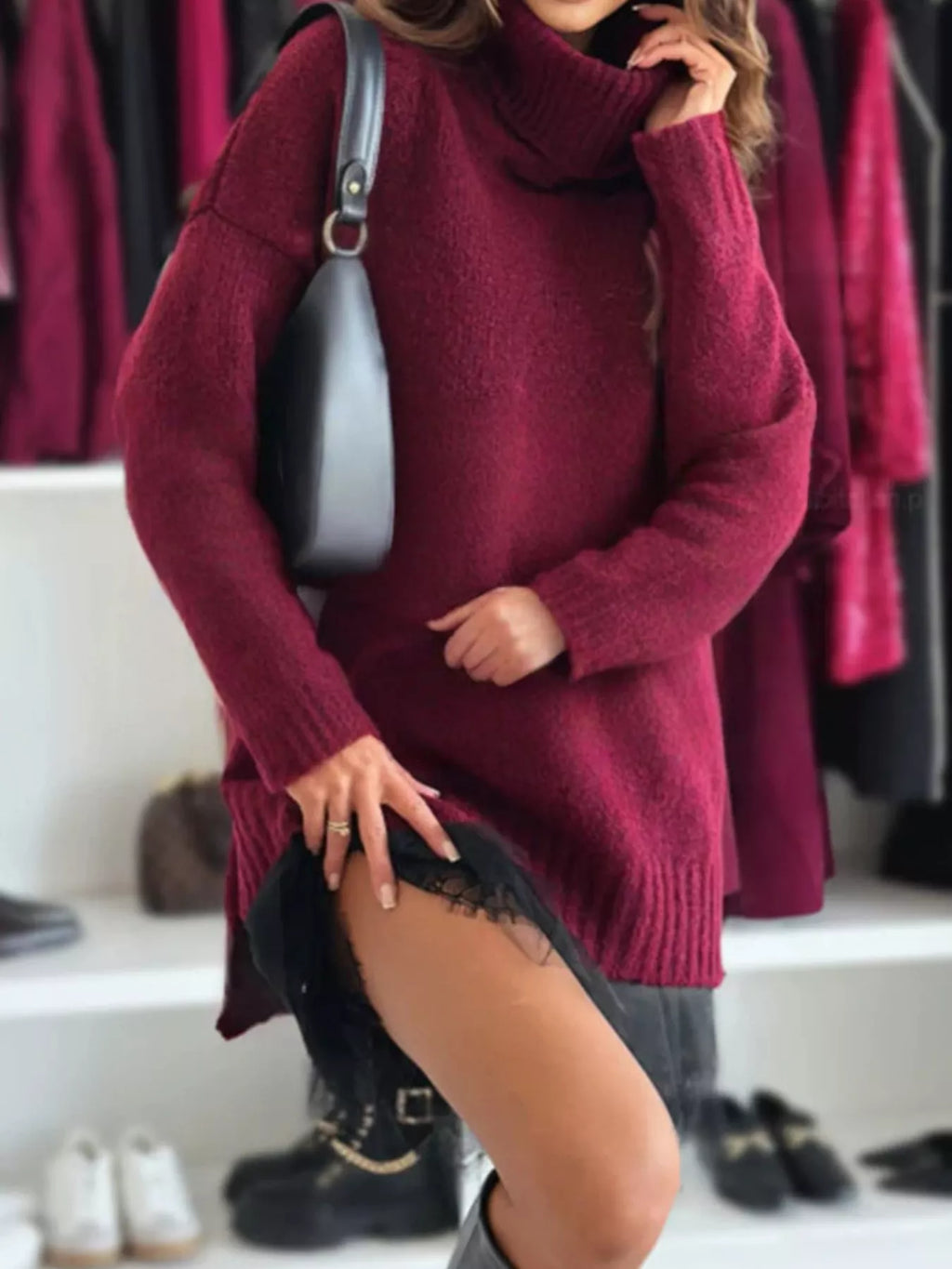 Full Size Lace Detail Cami Dress and Turtleneck Oversized Sweater Set Plus Size