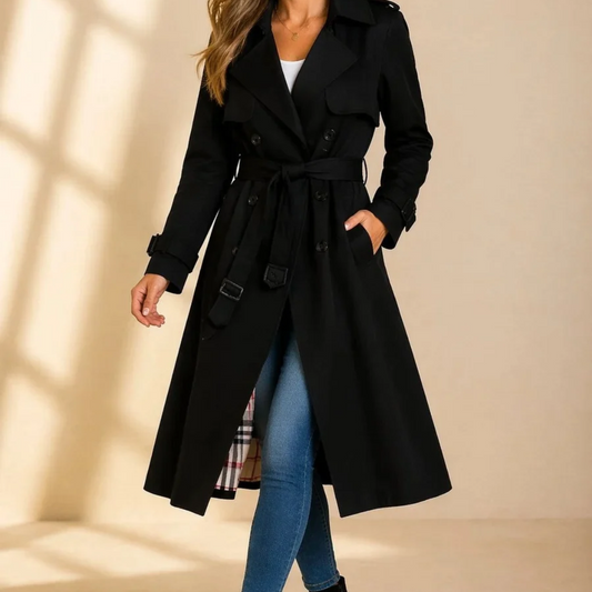 Women's Double-Breasted Long Trench Coat with Belt and Check Lining – Limo Atelier